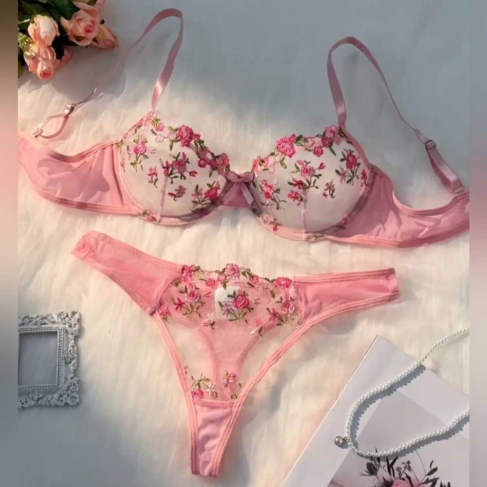 Butterly Pink Floral Embroidered Lingerie Set Sheer‎ Coquette Summer (#1,406)
